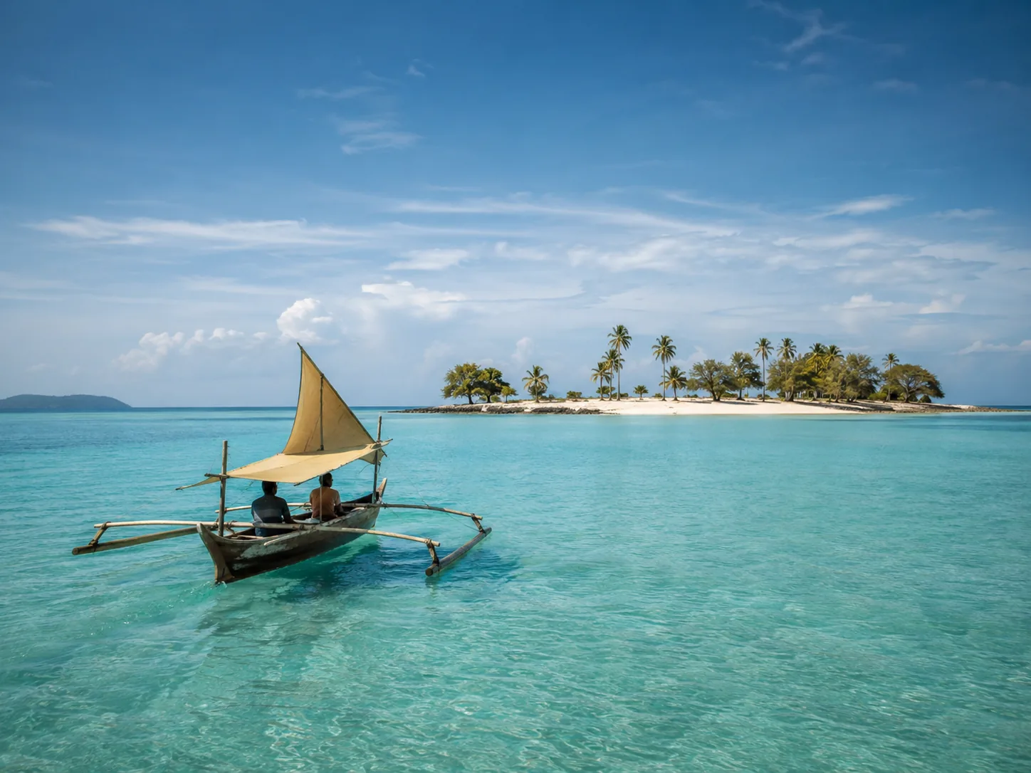 Traditional outrigger boat approaching a small palm-lined island