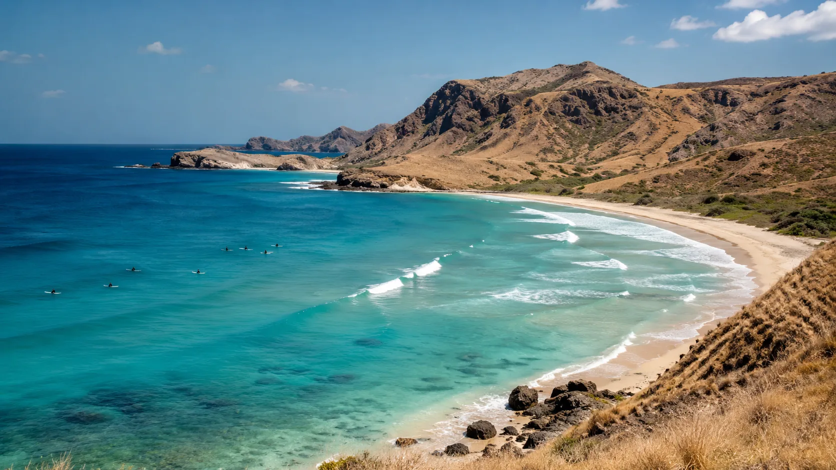 Aerial view of a curved sandy bay with turquoise water on Lombok's south coast