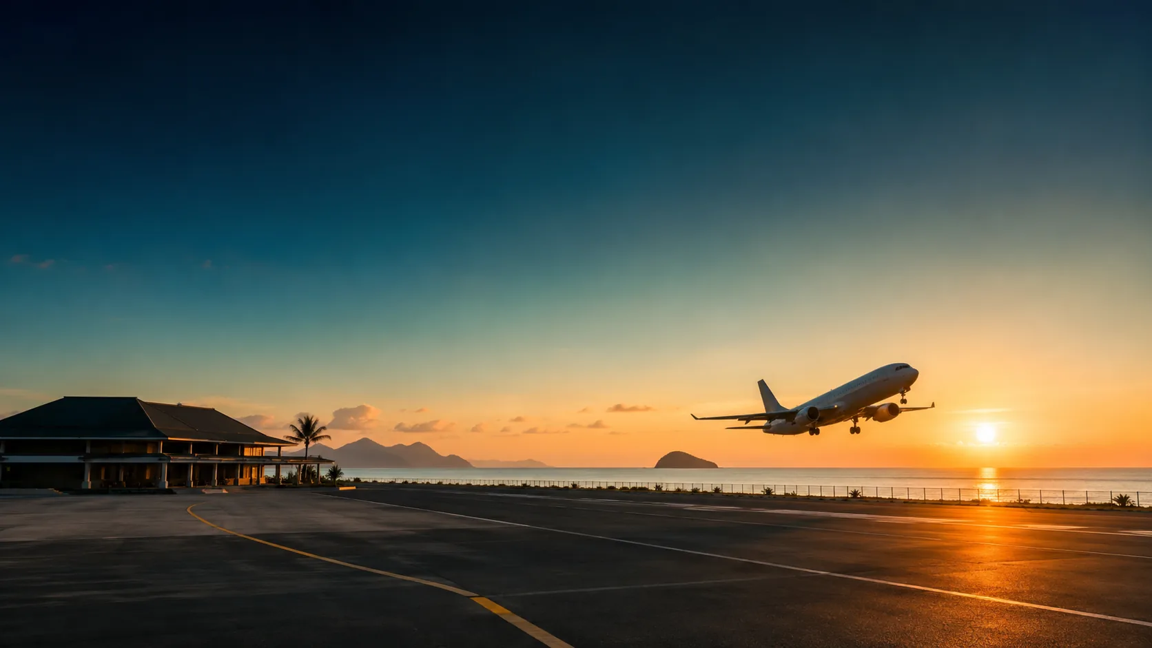 Aircraft departing a coastal runway at sunrise, with a terminal building and distant island silhouette