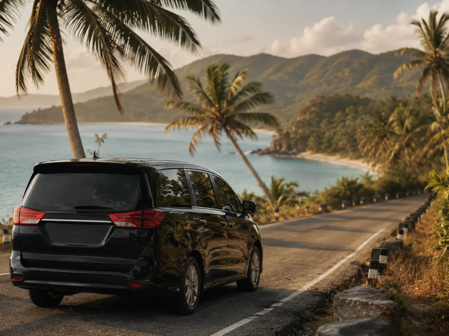 Private vehicle traveling a coastal road lined with palm trees