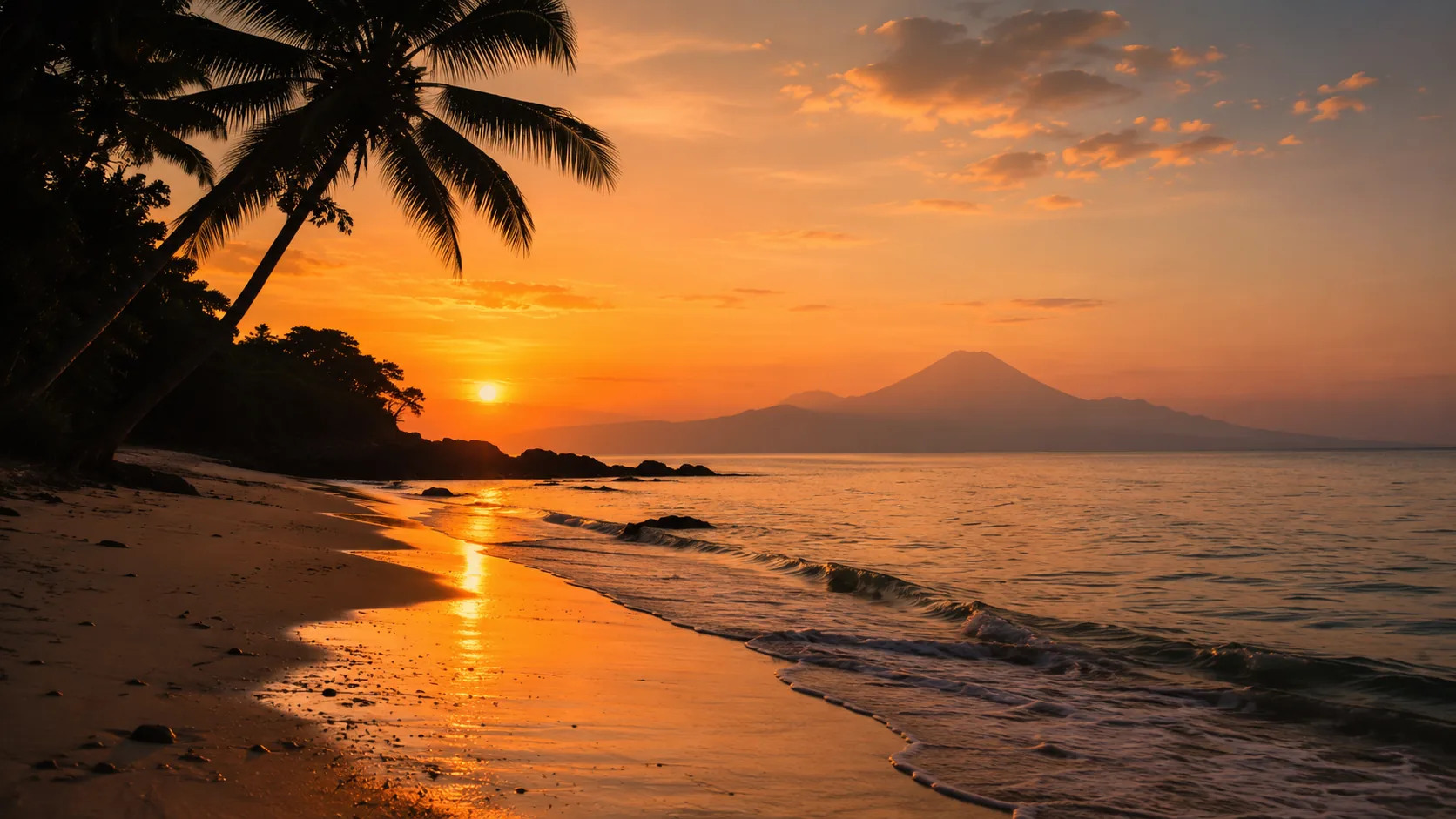 Palm-lined beach at sunset with a distant volcanic silhouette